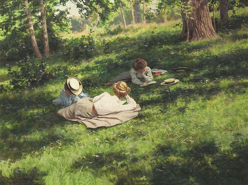 johan krouthen Three reading women in a summer landscape France oil painting art